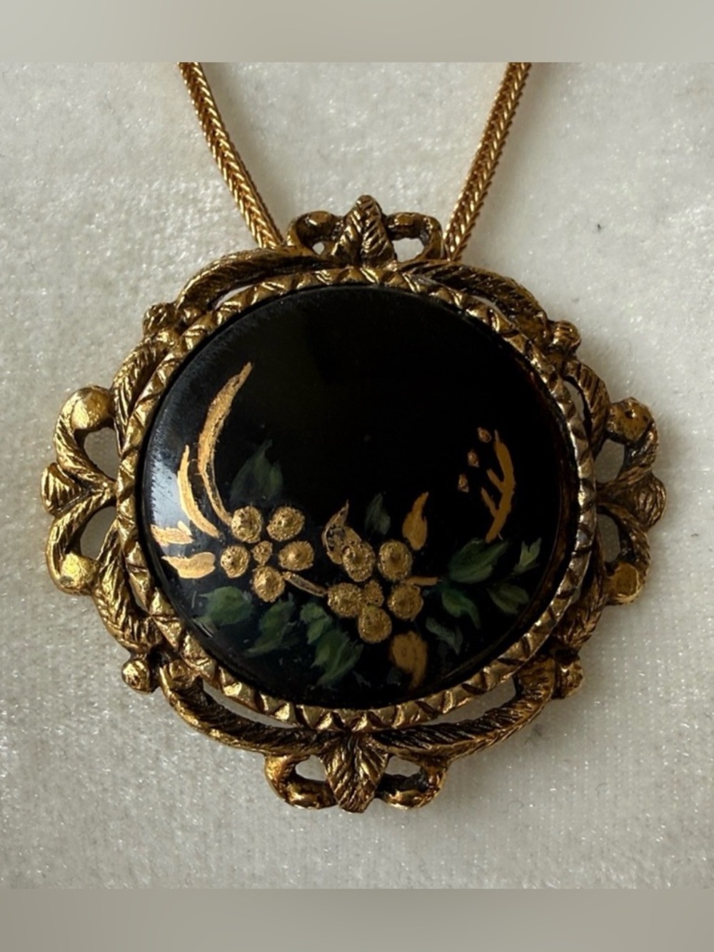 Monet Vintage Painted Black Floral Gold Tone Pendant & chain. Victorian Revival